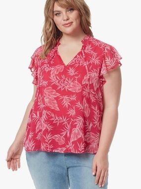 Jessica Simpson Alaina Tropical Floral Tie Front Top Plus Size 1X Flutter Sleeve